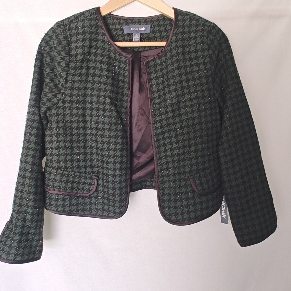 ModCloth Green Metallic Thread Houndstooth Preppy Classic Crop Lady Jacket S